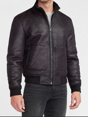 EXPRESS $248 BLACK FAUX LEATHER SHERPA LINED BOMBER JACKET SIZE LARGE